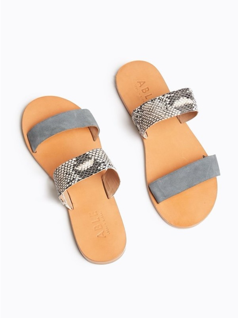 ABLE Grey Suede & Snake-Print Double Strap Slide Sandals